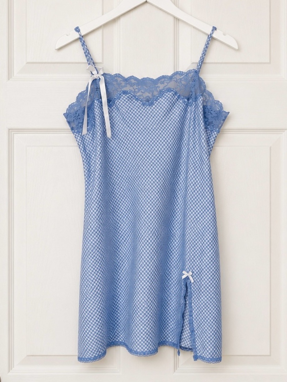 Victoria's Secret Light Blue Lace-Trim Chemise nightgown gingham angel large